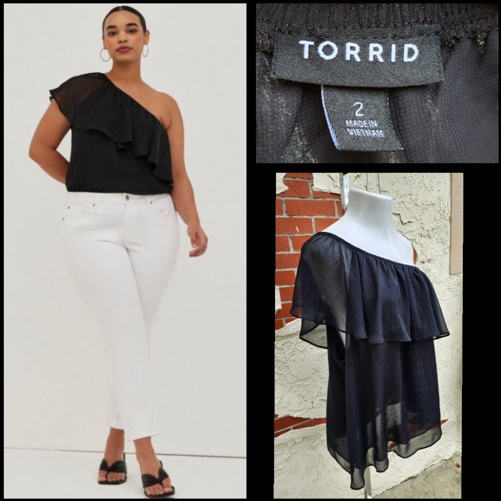 2 2X women TORRID ruffle Chiffon metallic black blouse one shoulder top shirt